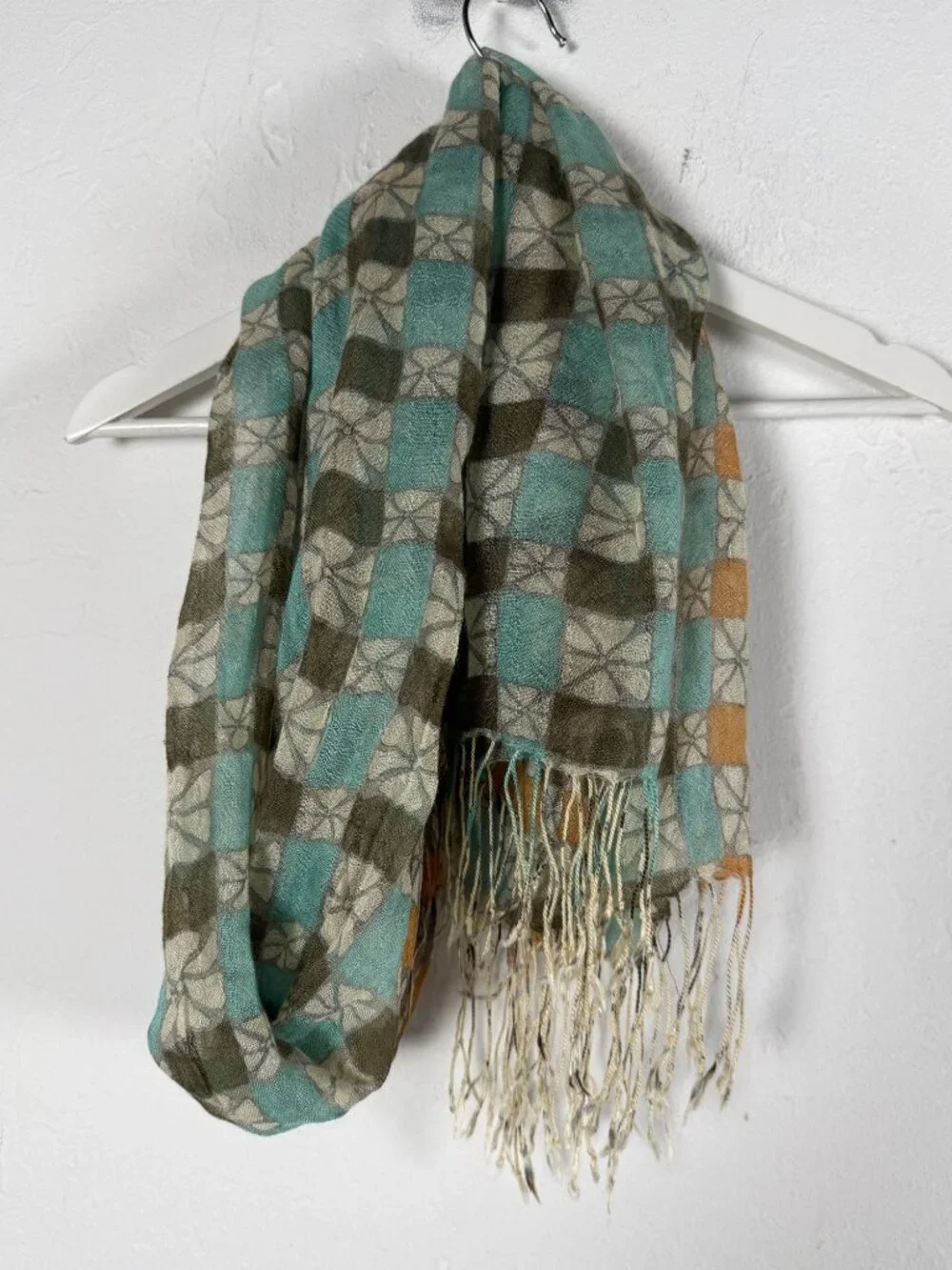 Tickled Pink Brown Aqua Floral Check Scarf Boho Fringe Soft Acrylic 68x24
